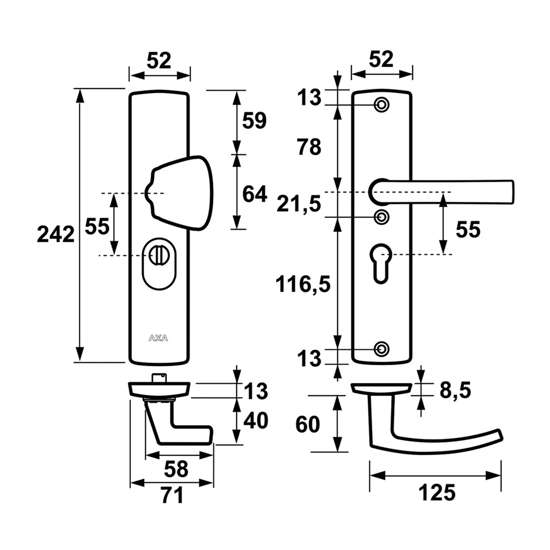 Afbeeldingen van VH-beslag Curve Kr/Gr Blok PC55 Inox 38-54mm